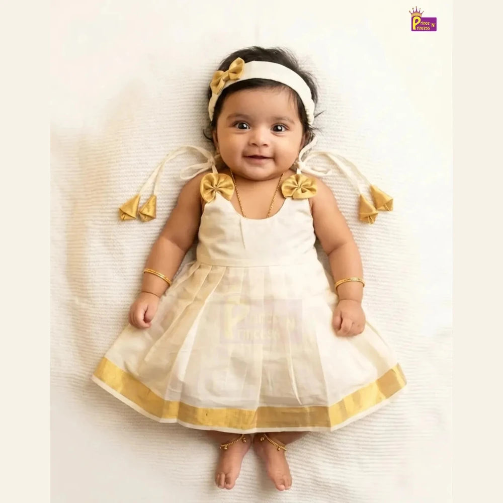 Kerala Kasavu Newborn Lakshana Frock Halfwhite | Onam Vishu Baby Dress + Headband LF761
